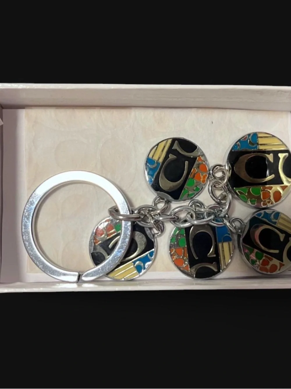 Coach Multicolor Enamel Disc Keyring with Silver Hardware